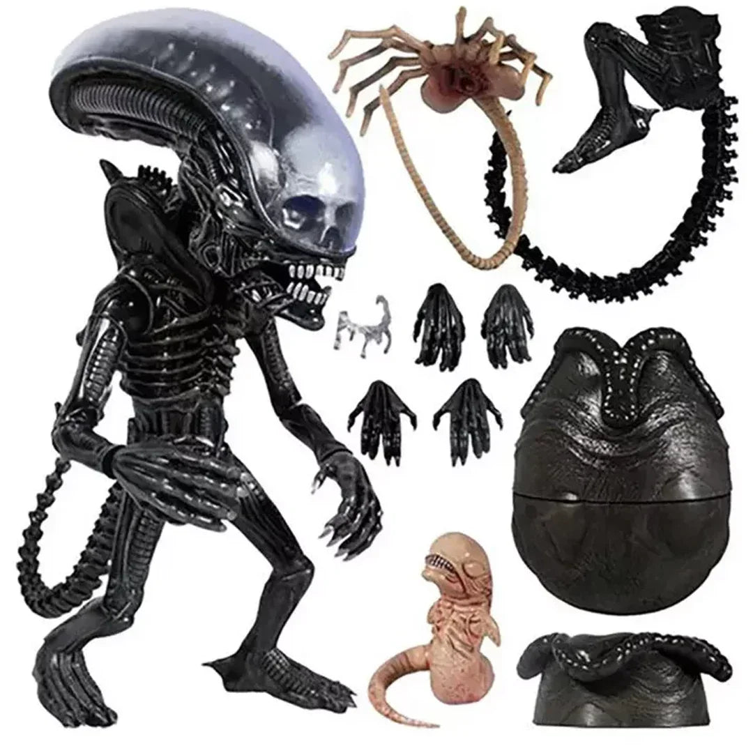 Alien action figure set with interchangeable hands, facehugger, egg, and creature accessories.