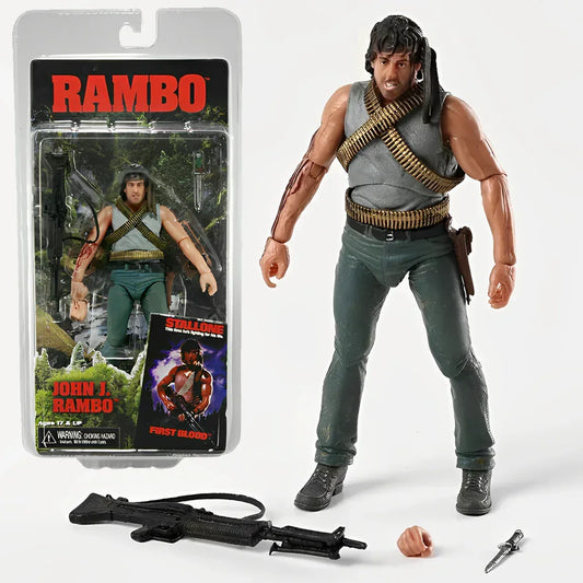 Rambo John J. action figure with weapons, extra hand, and original packaging displayed