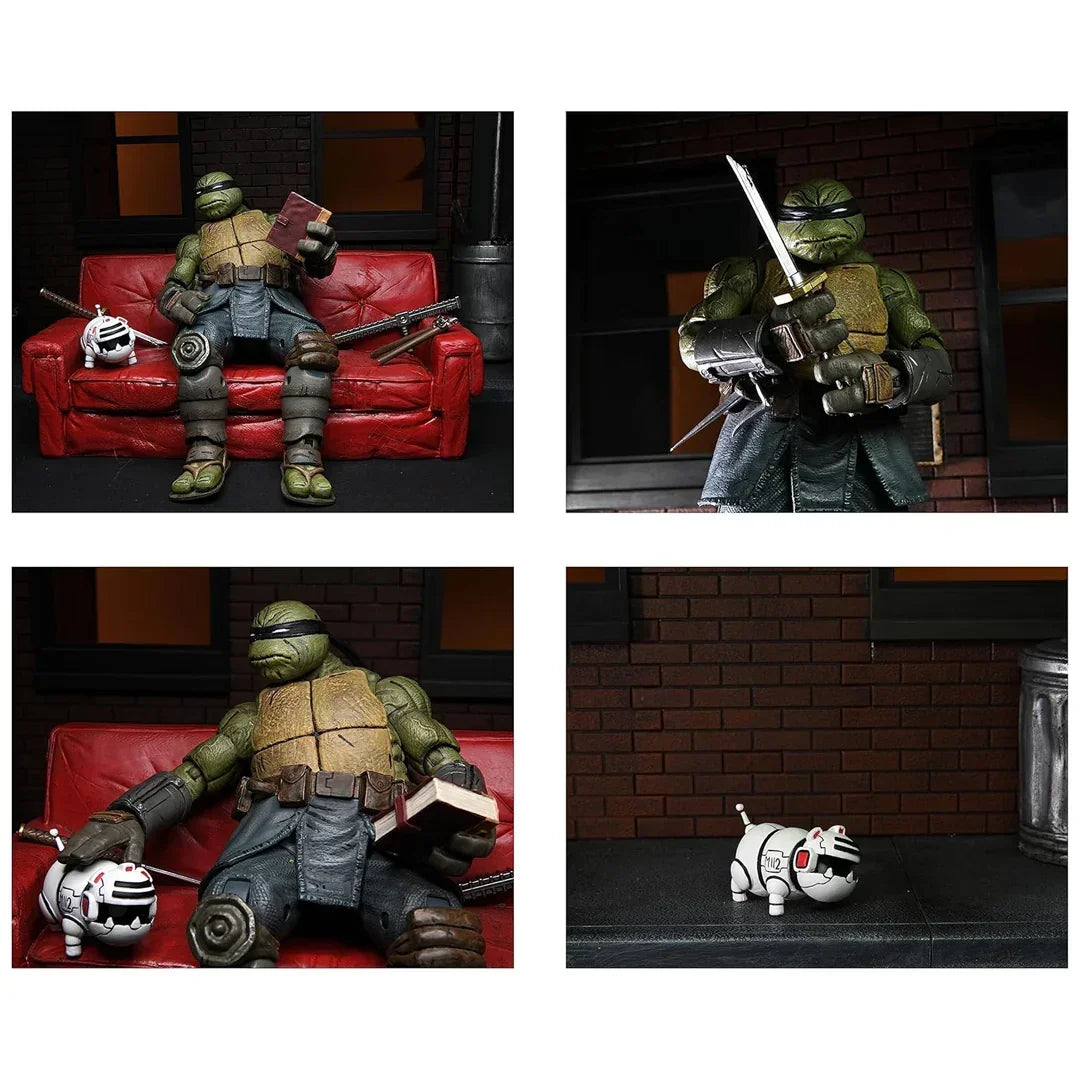Action figure of an armored mutant turtle with swords and robot pet on a red couch and urban backdrop.