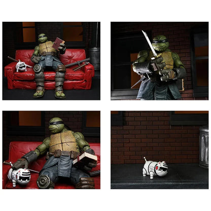 Action figure of an armored mutant turtle with swords and robot pet on a red couch and urban backdrop.