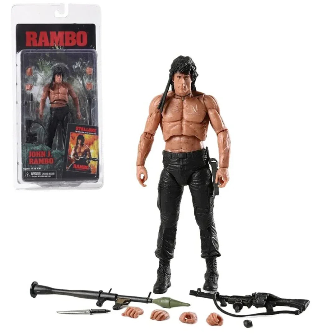 Rambo action figure with weapons, interchangeable hands, and original packaging.