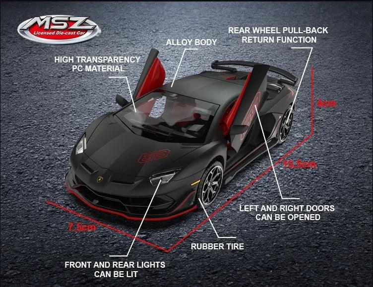 MSZ 1:32 Lamborghini Aventador SVJ Die-Cast Model Car – Black | Pull Back, Openable Doors, Light & Sound (68472)