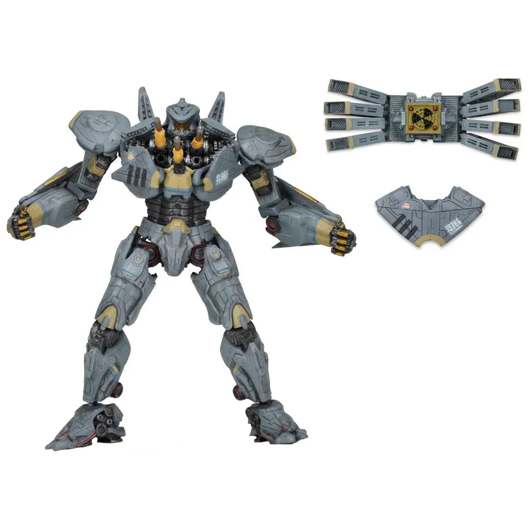 Gray robot action figure with yellow accents and removable armor pieces, collectible toy