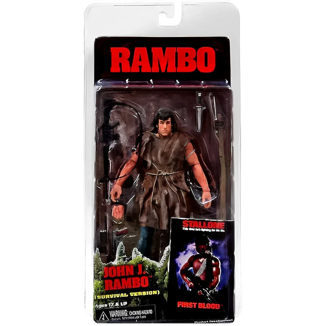 Rambo action figure in survival outfit, collectible toy in original packaging with accessories.