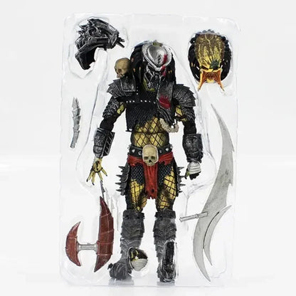 Predator action figure with armor, interchangeable heads, weapons, and accessories in packaging