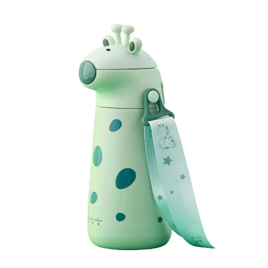 Kids Green Giraffe Thermos Flask Water Bottle with One-Touch Flip Lid and Straw, Stainless Steel Bottle 400 ML - Jaiman Toys