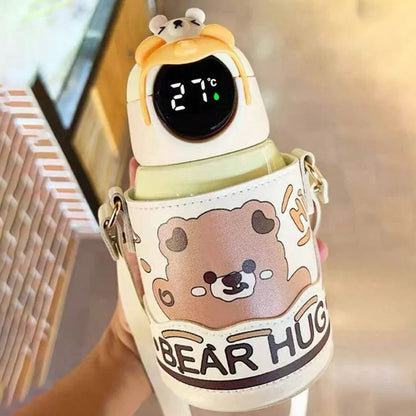 Bear Hug Stainless Steel Digital Water Bottle For Kids with carry bag, additional cup and sipper 500 ML (Cream) - Jaiman Toys
