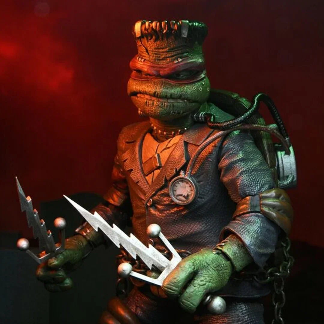 Action figure of a mutant turtle in a suit holding lightning-shaped weapons, red background
