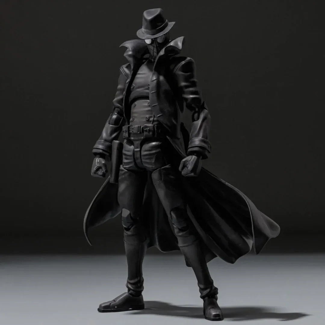 Noir detective action figure toy in trench coat and hat, collectible figure for kids and fans