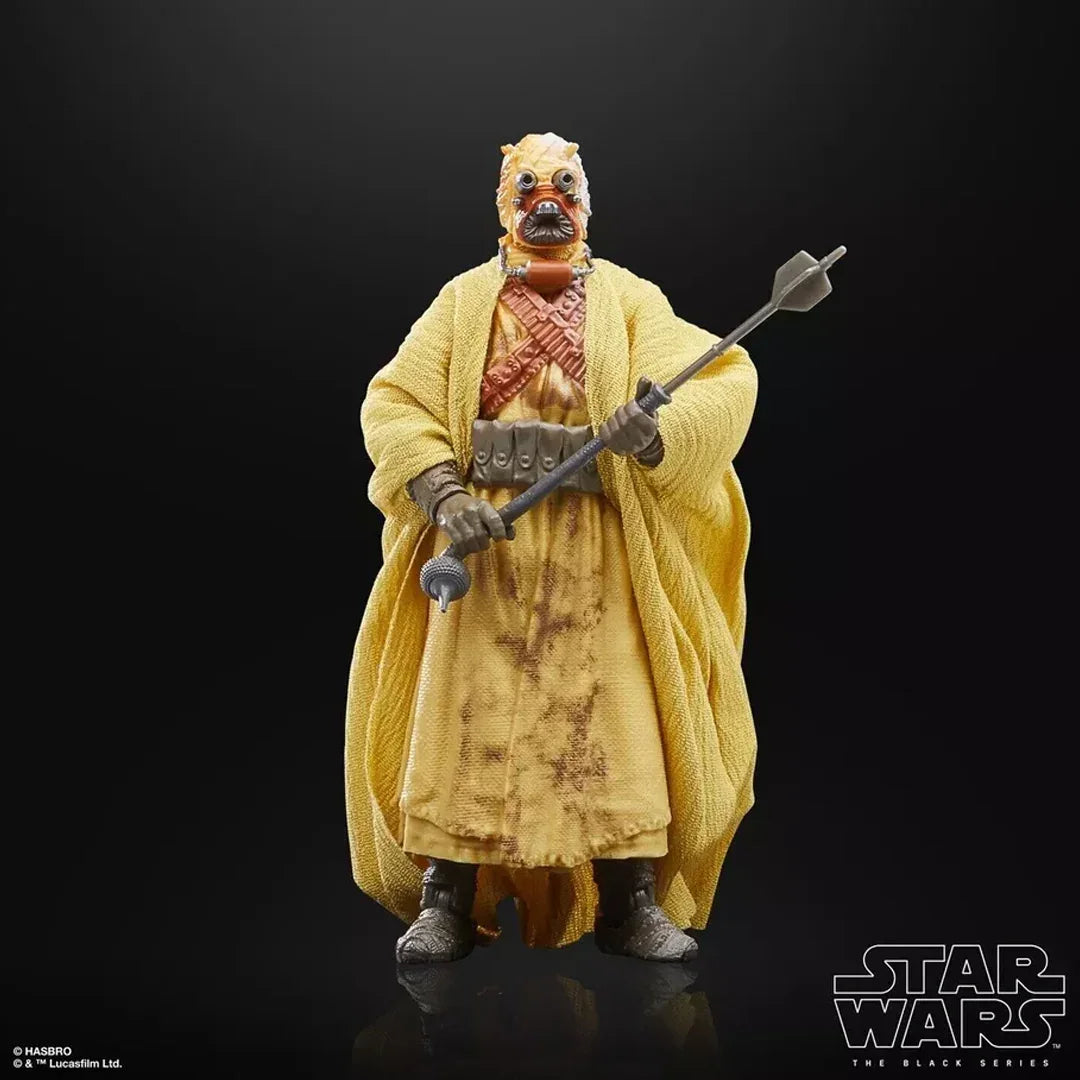 Star Wars Black Series Tusken Raider action figure with robe and staff on black background