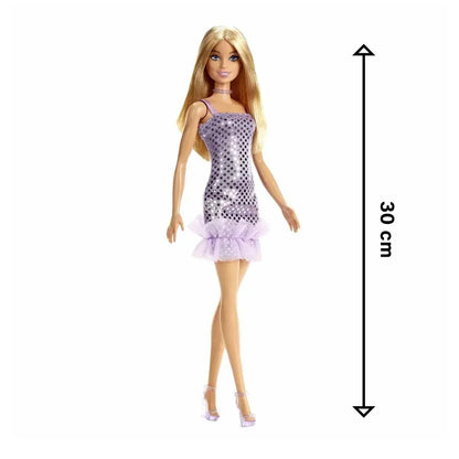 Barbie Doll with Blonde Hair: Lavender Metallic Mini Dress &amp; Trendy Accessories - Perfect Kids' Toy Gift!" - Jaiman Toys