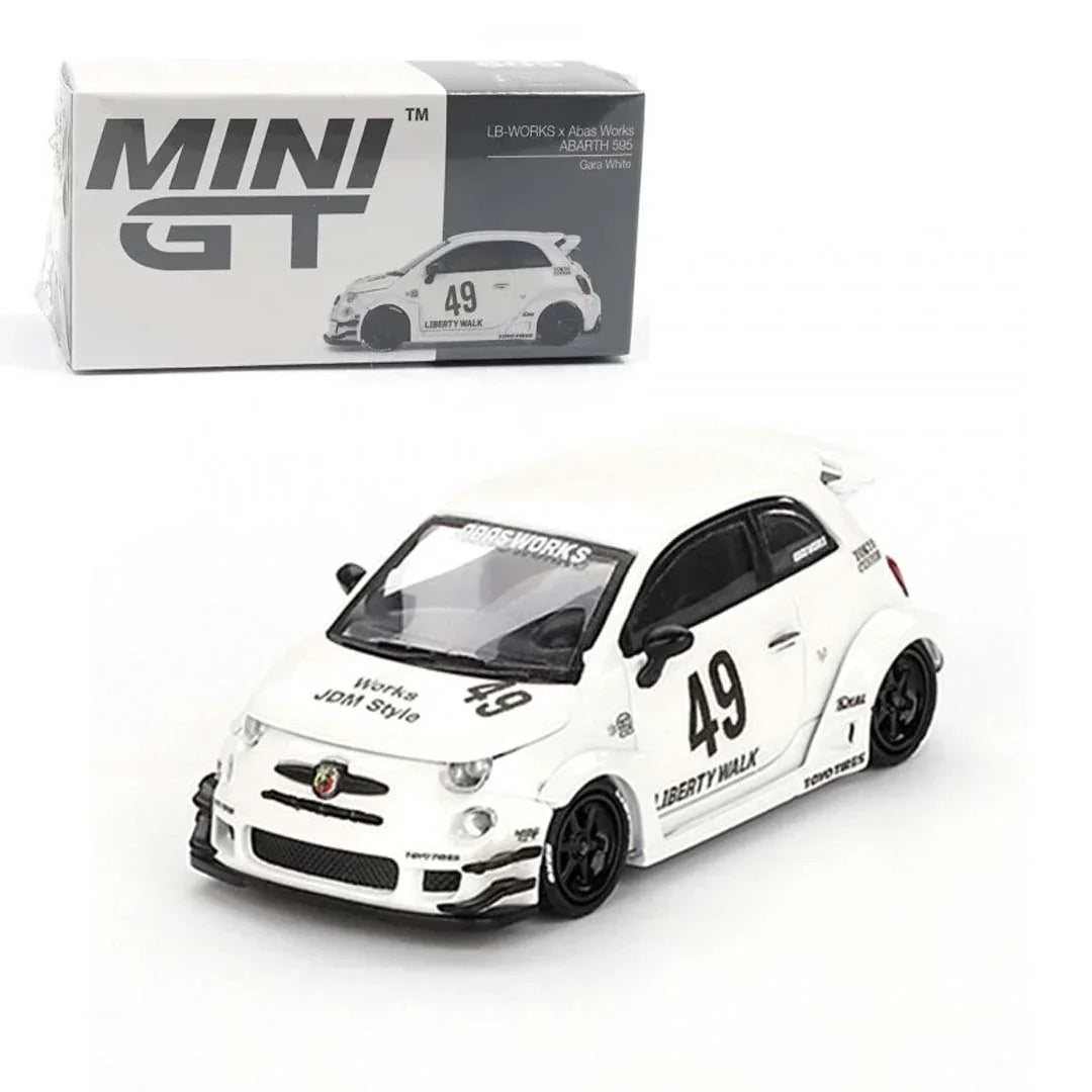 Mini GT 1/64 LB-WORKS x Abas Works ABARTH 595 Gara White LHD Diecast Scale Model Car - Jaiman Toys