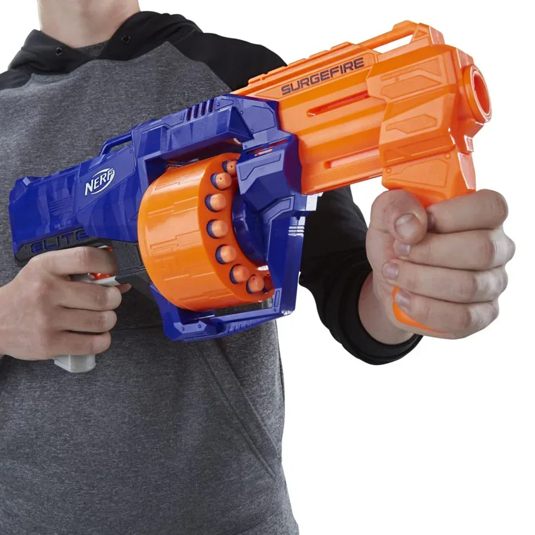 Nerf Surgefire Elite Blaster 15-Dart Rotating Drum, Slam Fire, Includes 15 Official Elite Darts for All Age - Jaiman Toys