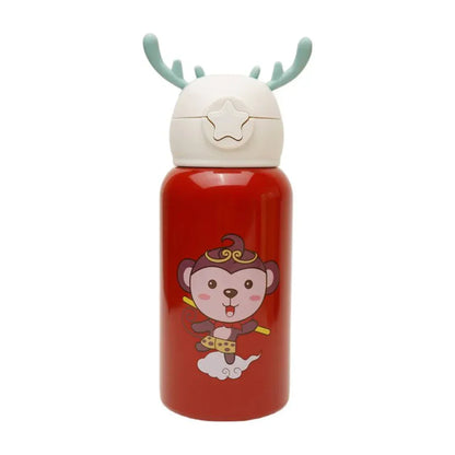 Deer Stainless Steel Water Bottle For Kids with carry bag, additional cup and sipper 500 ML (Red) - Jaiman Toys