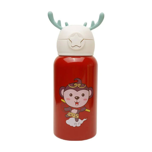 Deer Stainless Steel Water Bottle For Kids with carry bag, additional cup and sipper 500 ML (Red) - Jaiman Toys