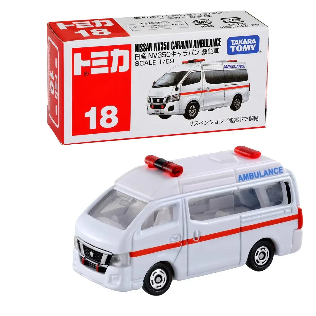Tomica 18 Nissan NV350 Caravan Ambulance- TAKARA TOMY -Diecast Scale Model Car - 1/69 - Jaiman Toys