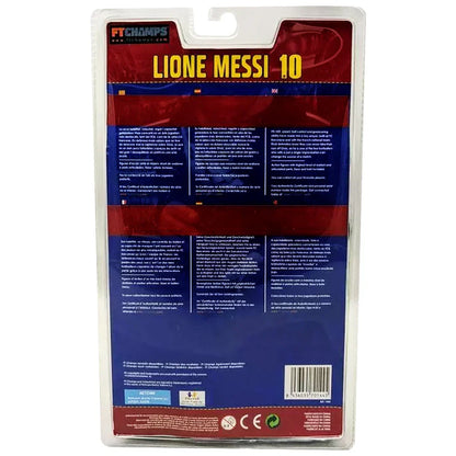 Back packaging of a collectible action figure labeled Lione Messi 10, FT Champs.