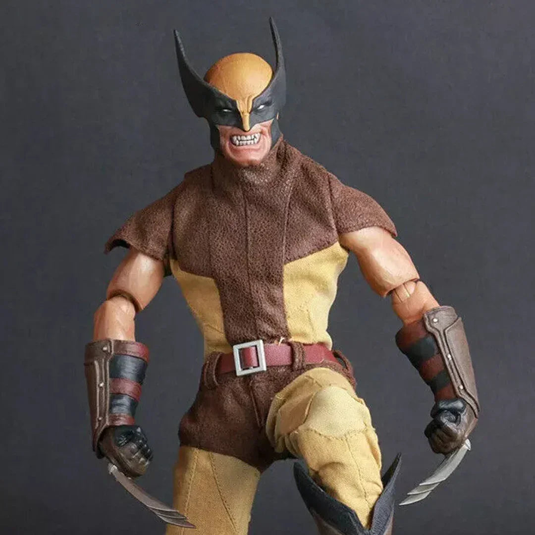 Action figure of a superhero in yellow and brown costume with claws, posed against a dark background.