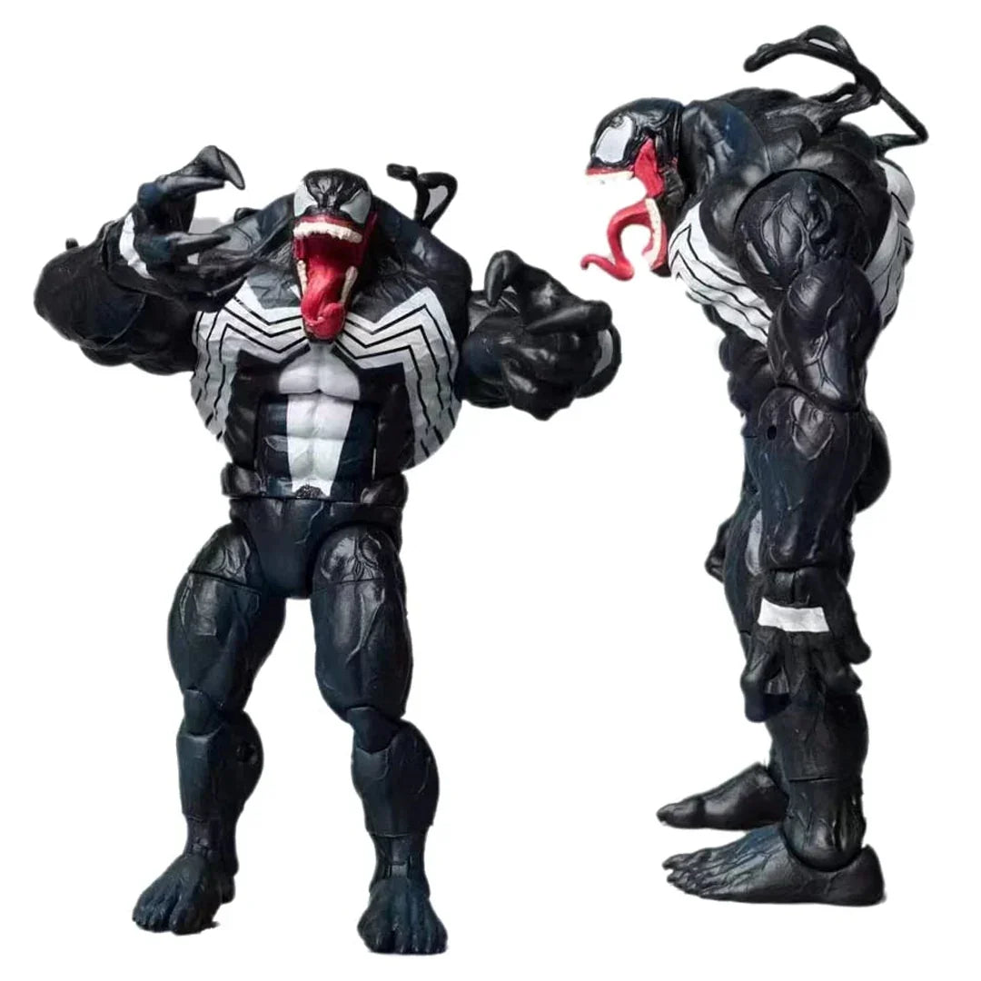 Venom action figure collectible toy with detailed black and white suit, open mouth pose