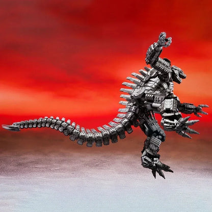 Mecha dinosaur action figure toy with metallic details against a dramatic red sunset background
