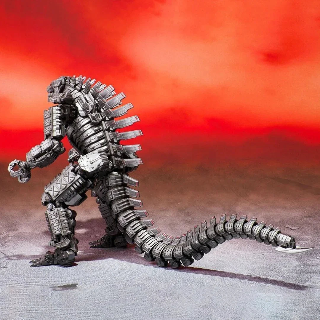 Silver mechanical dinosaur action figure with spiked tail on rocky surface, red sky background.