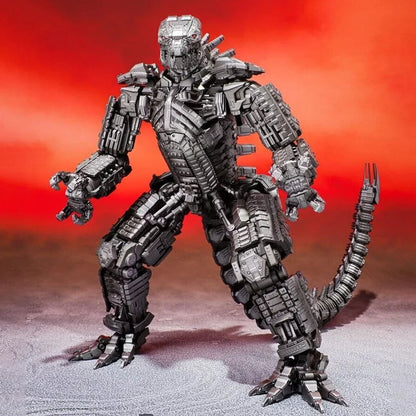 Metallic robot dinosaur action figure toy with mechanical details on a red background.