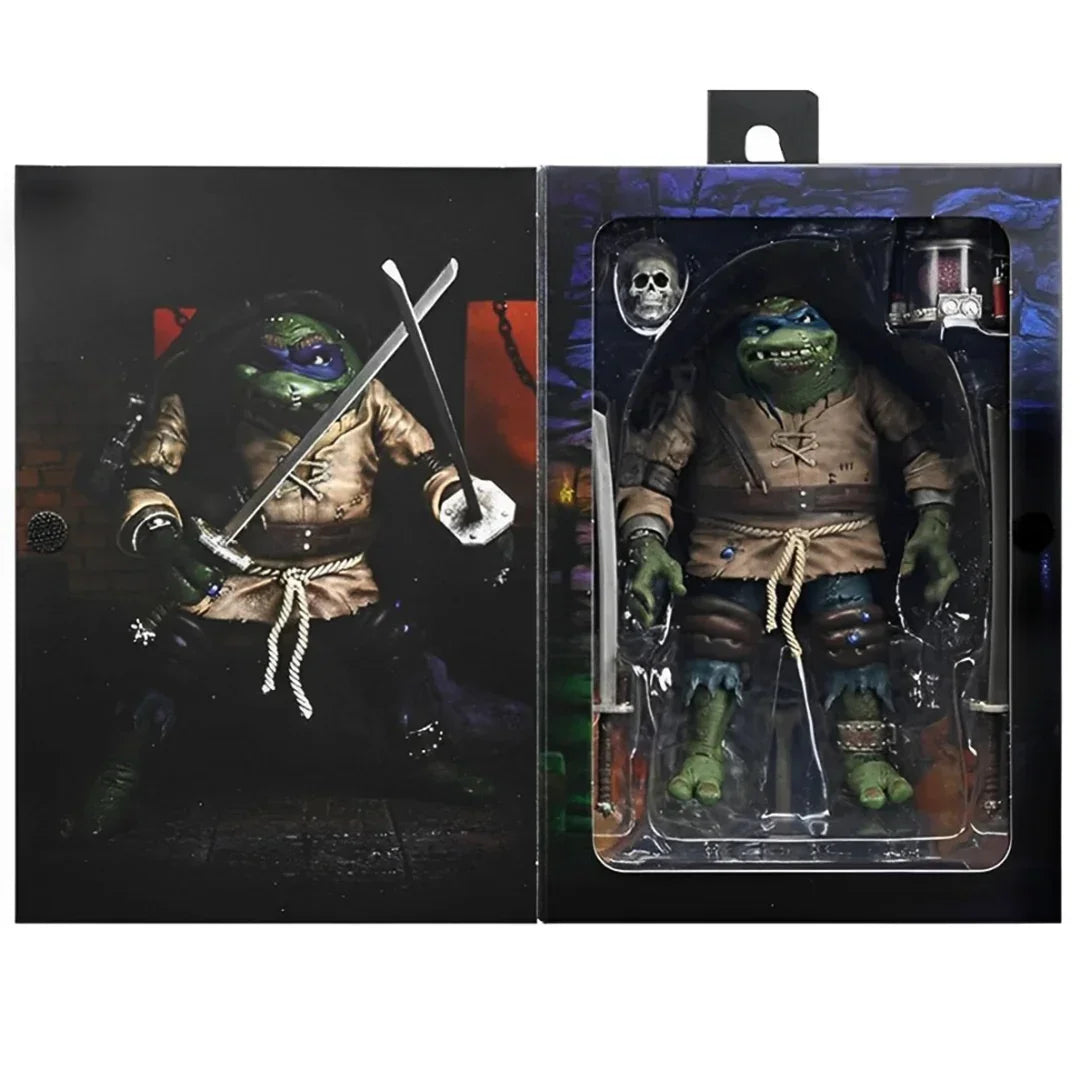 Action figure of a mutant turtle warrior in brown clothing with swords, detailed packaging and accessories.