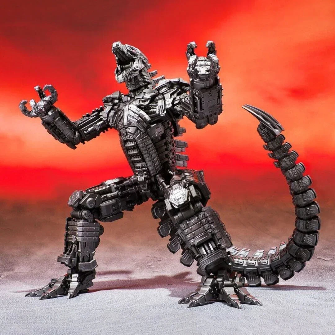 Metallic robotic dinosaur action figure with a long tail posed against a dramatic red background