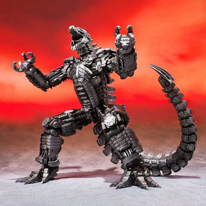 Metallic robotic dinosaur action figure with a long tail posed against a dramatic red background