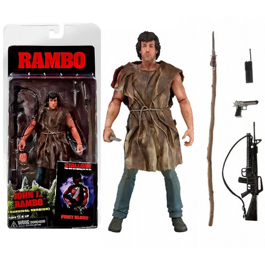 Rambo action figure in survival outfit with weapons and accessories, collectible toy.