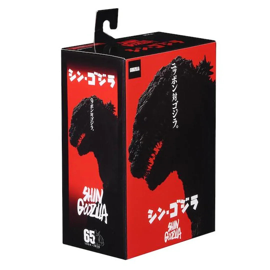 Shin Godzilla action figure box with black silhouette design, red background, and Japanese text