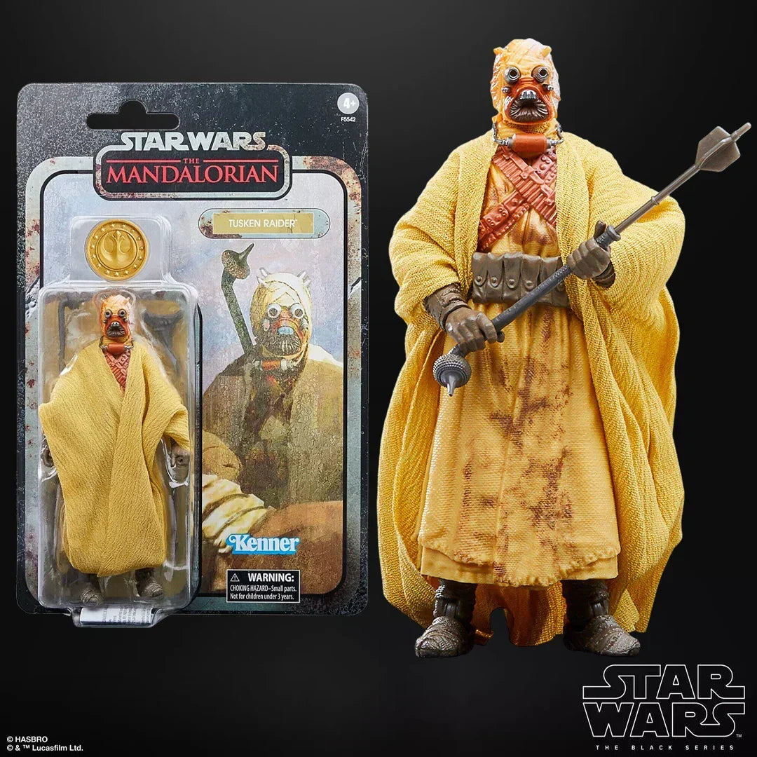 Star Wars The Mandalorian Tusken Raider action figure in yellow robe with staff, packaging shown.