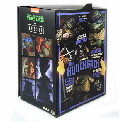 Teenage Mutant Ninja Turtles x Universal Monsters Leonardo The Hunchback action figure box with character images and graphic text.