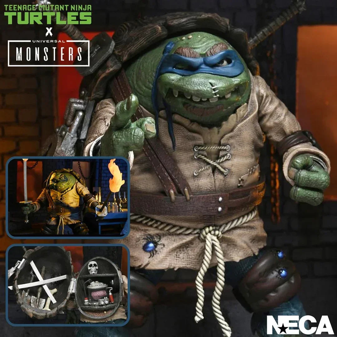 TMNT x Universal Monsters NECA action figure with blue mask, lab coat, and accessories