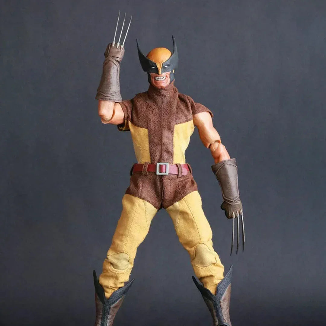 Action figure of a masked superhero with claws, yellow and brown suit, collectible toy