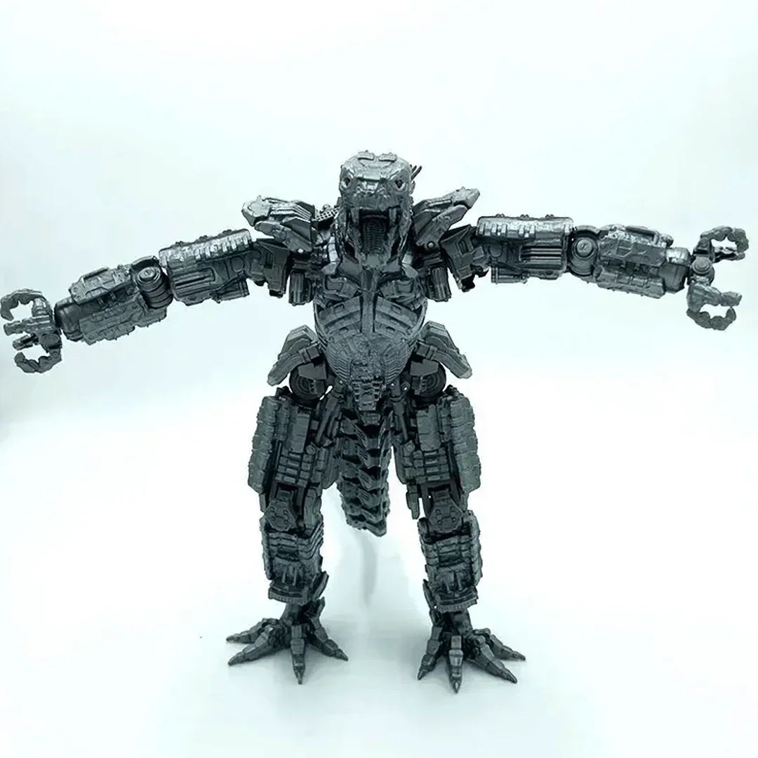 Silver robotic dinosaur action figure toy with mechanical details and open mouth