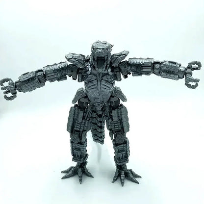 Silver robotic dinosaur action figure toy with mechanical details and open mouth