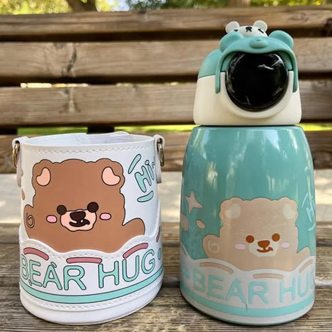 Bear Hug Stainless Steel Digital Water Bottle For Kids with carry bag, additional cup and sipper 500 ML (Green) - Jaiman Toys