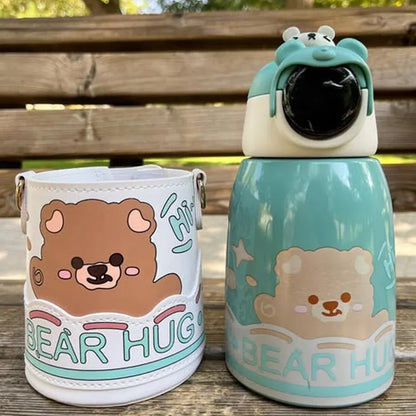 Bear Hug Stainless Steel Digital Water Bottle For Kids with carry bag, additional cup and sipper 500 ML (Green) - Jaiman Toys