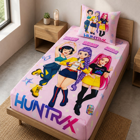 Huntrix Deluxe Character Fitted Bedsheet Set Single | 60 x 90 Inch Soft Microfiber Bedsheet with 1 Pillow Cover | Pink