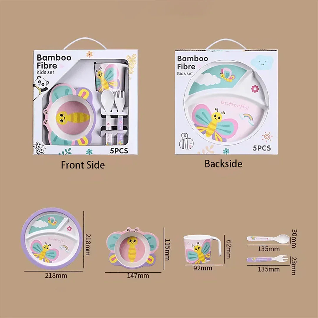 Bamboo fiber kids dinnerware set with butterfly, includes plate, bowl, cup, fork, and spoon.