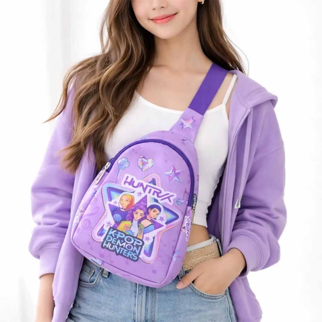 KPOP Demon Hunters HUNTR/X 24 cm Sling Bag for Kids & Teens | Adjustable Crossbody Chest Bag | Anime & K-Pop Inspired Casual Travel Bag