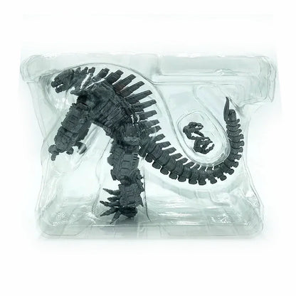 Mechanical dinosaur action figure toy in black plastic packaging, collectible toy.