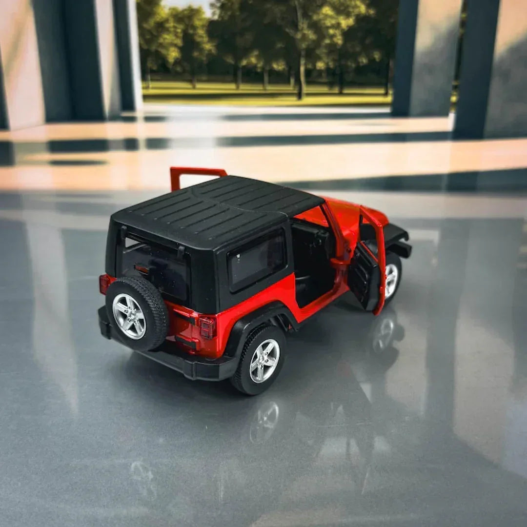 MSZ 1:32 Jeep Wrangler Die-Cast Model Car – Red | Pull Back Toy with Openable Doors, Light & Sound (68331)