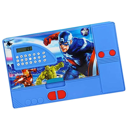 Marvel Avengers Kids Multifunction Pencil Box with Calculator & Dual Sharpener | Large Capacity Plastic Pencil Case with Secret Compartments | School Stationery Organizer for Boys | Blue