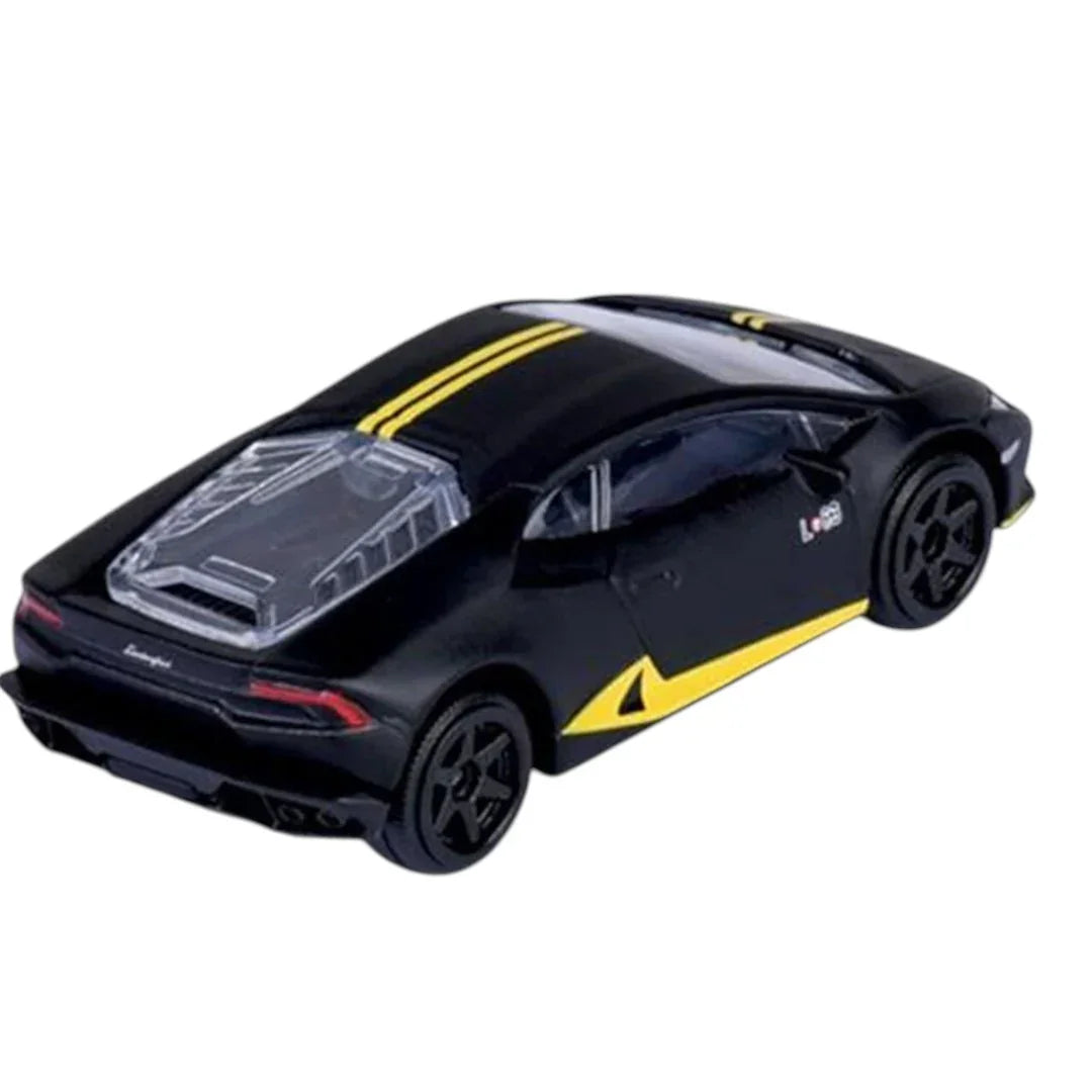 Majorette Lamborghini Huracán Avio Showroom 1:64 Die-Cast Car | Metal Body with Moving Parts | Black with Yellow Stripes | Collectible Model | 3+ Years
