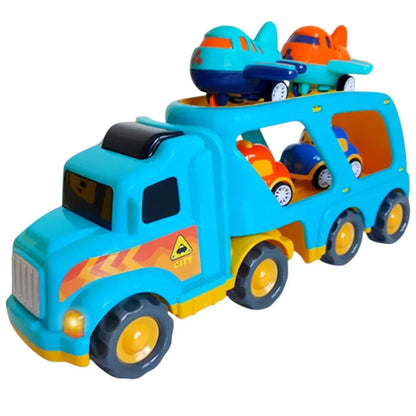 Transporter Sound & Light Truck Toy for Kids – Car Carrier with Mini Cars & Airplanes | Pull Back Transport Fleet Toy  3+