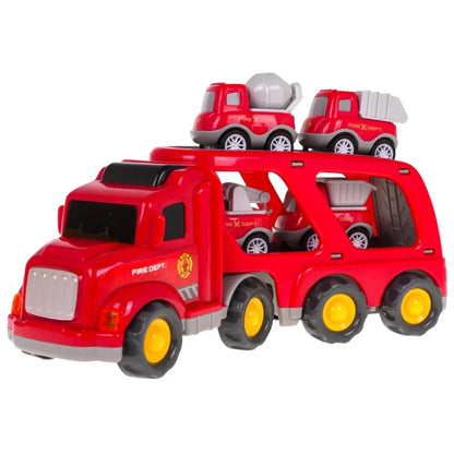 City Transporter Fire Truck Toy with Mini Construction Vehicles – Sound & Light Transport Truck | 6+ Ages