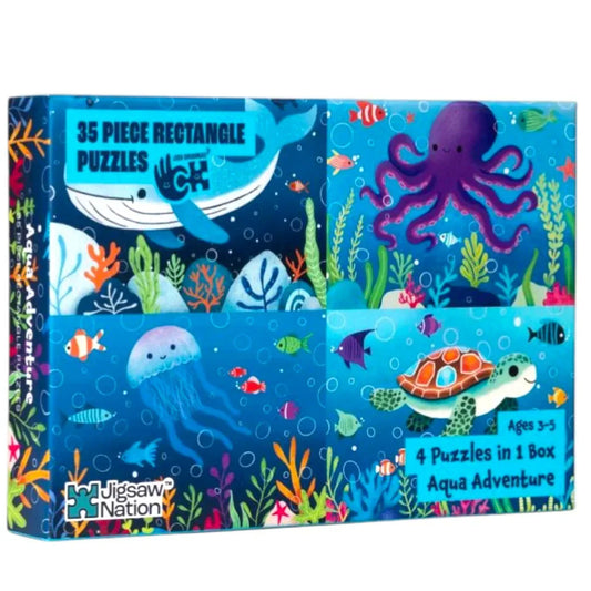 Jigsaw Nation Aqua Adventure 4-in-1 Puzzle Set | 35 Piece Ocean Animal Puzzles for Kids (Ages 3–5)