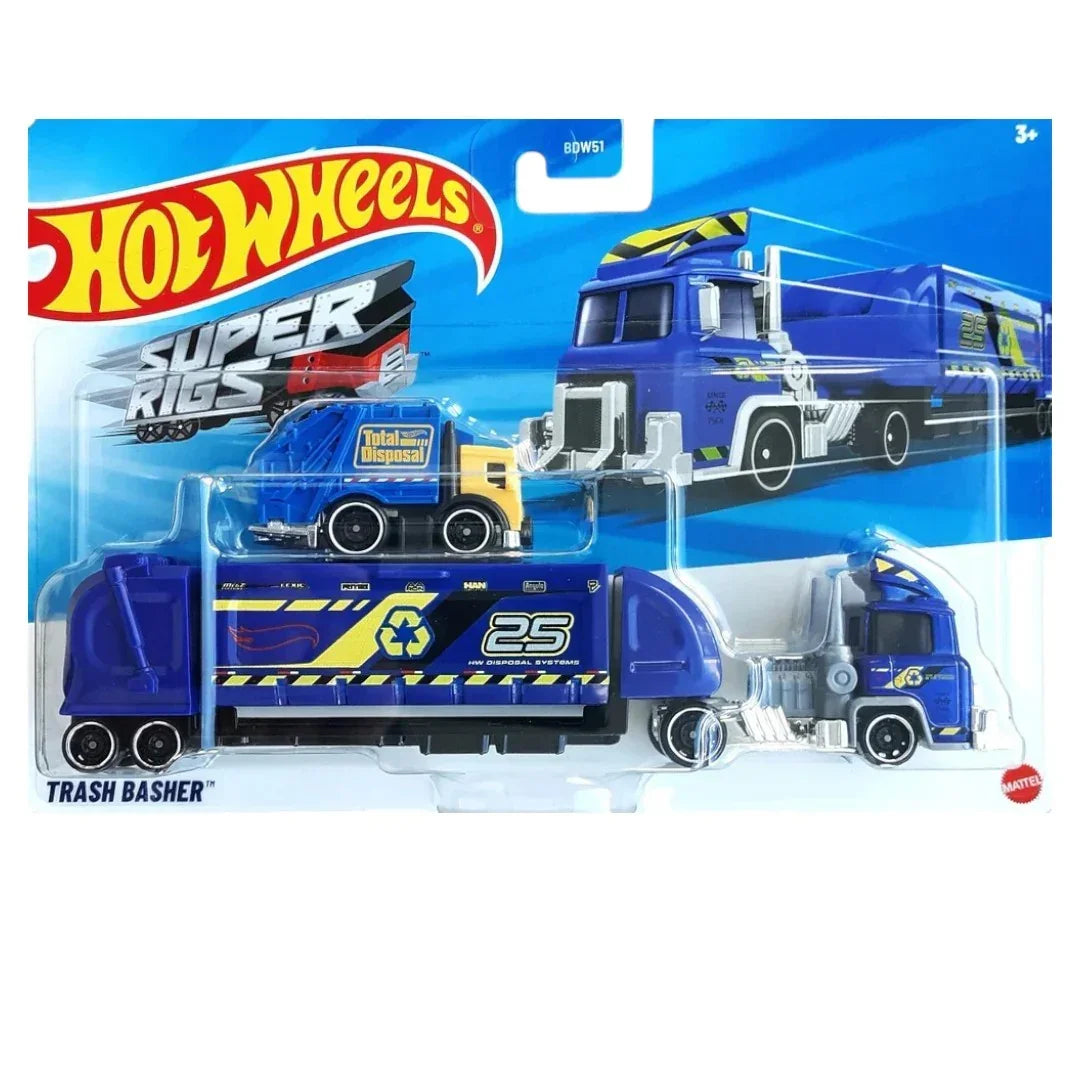 Hot Wheels 1:64 Super Rigs “Trash Basher” Transport Truck with Garbage Truck – Die-Cast Vehicle Set